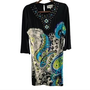 Studio I Multicolor Paisley Beaded Dress size 14 Bohemian Workwear Office Modest
